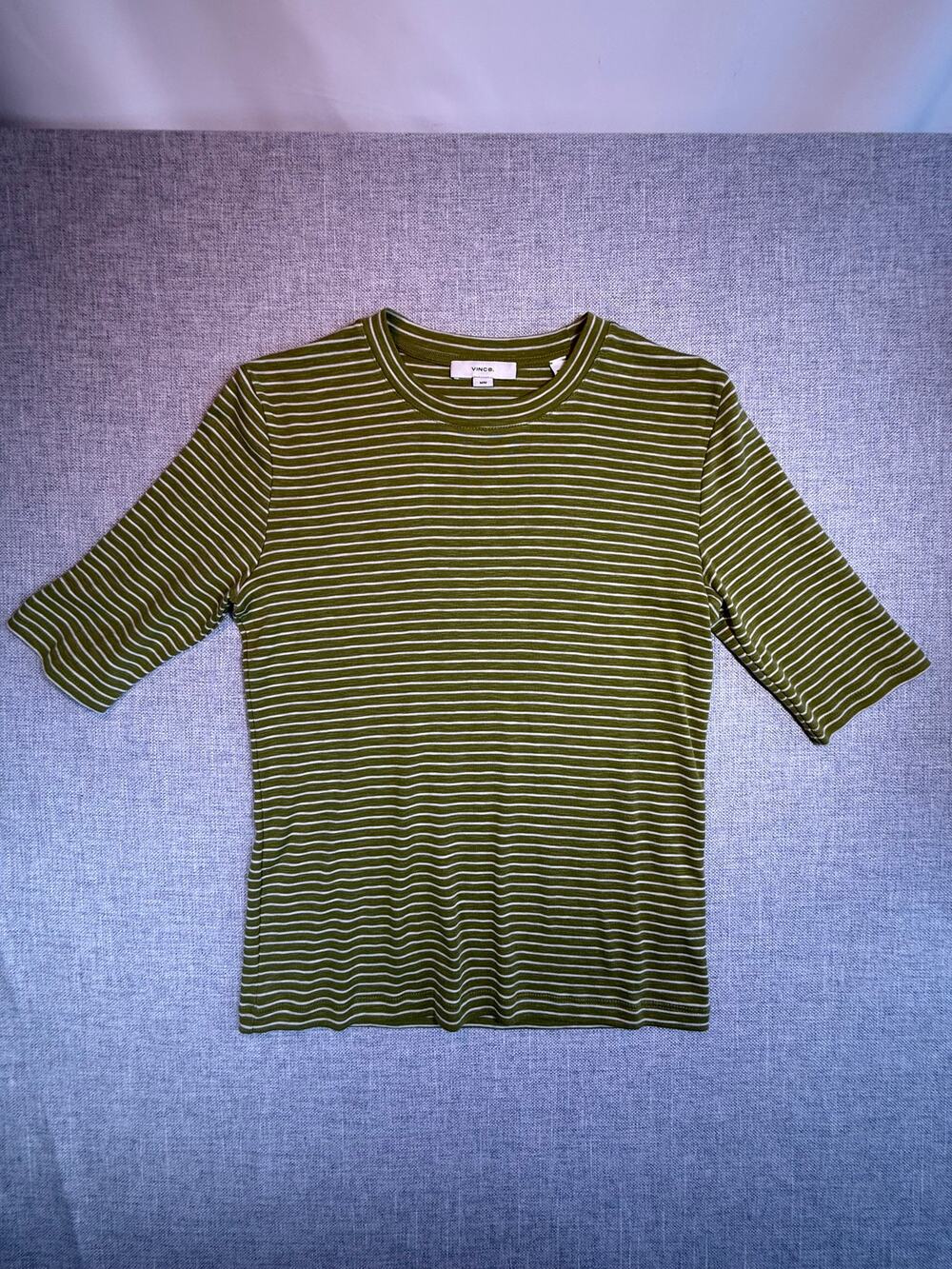 Vince Green White Striped Cotton Modal 3/4 Sleeve Tee M